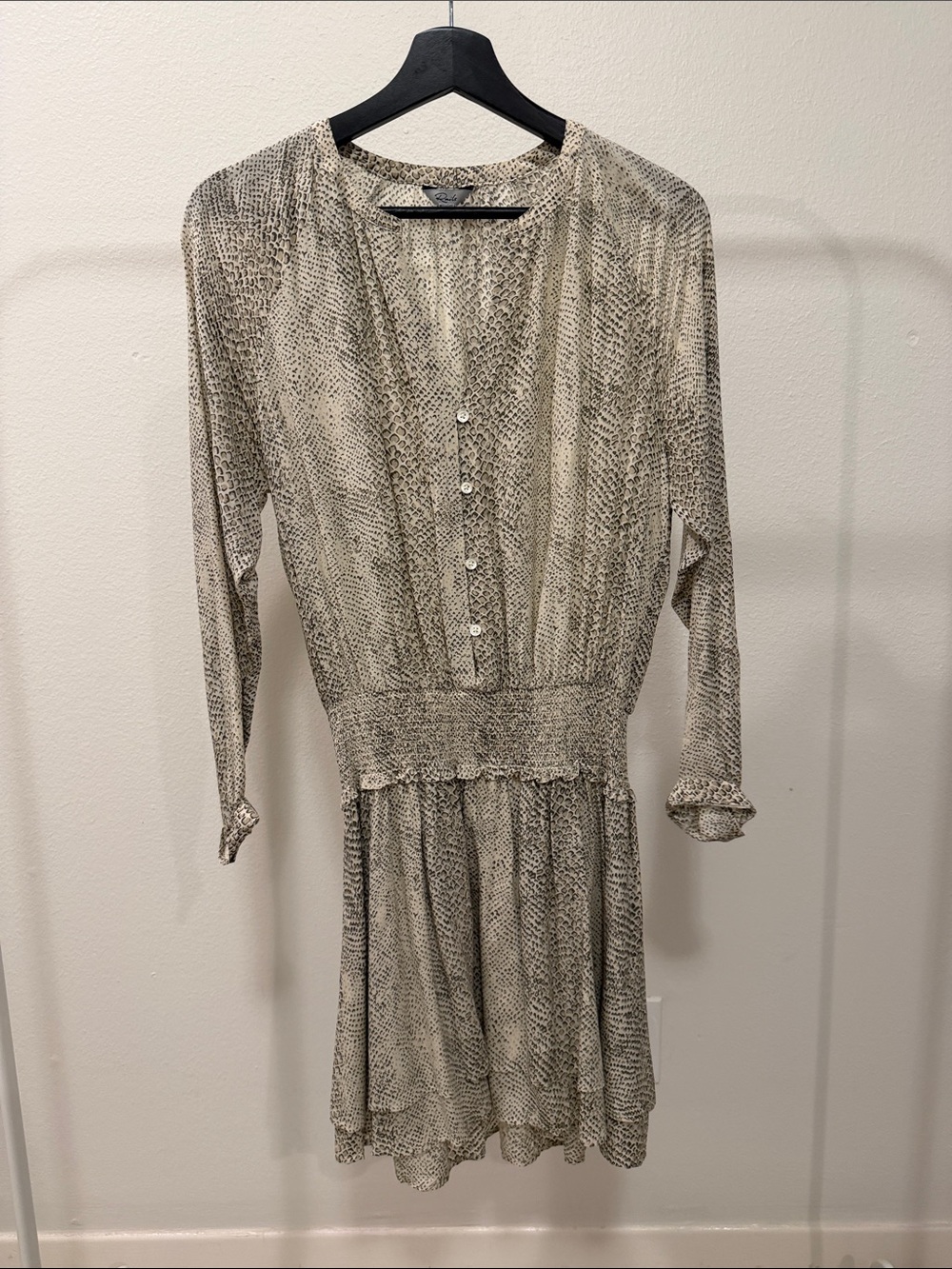 Rails Cream and Black Printed Long-Sleeve Smocked Waist Dress